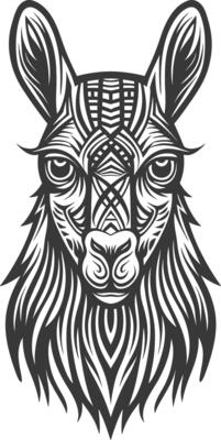 A llama head with tribal patterns on it