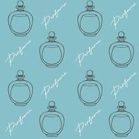 Elegant pattern with outline of perfume bottle and lettering on soft blue background, ideal for packaging, backdrops, covers. vector
