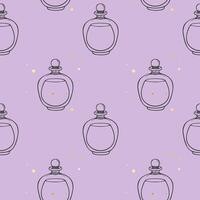 Elegant pattern with outline of perfume bottle and gold drops on violet background, ideal for packaging, backdrops, covers. vector