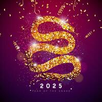 Happy Chinese New Year 2025 Banner with Glittered Snake Zodiac Sign and Falling Confetti on Shiny Background. Lunar New Year Traditional Design with Chinese Language Snake Symbol for Flyer, Greeting vector