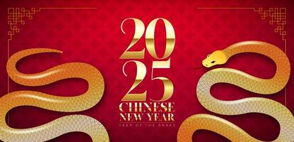 Happy Chinese New Year 2025 Banner with Snake Zodiac Sign and Gold Typography on Red Scaly Pattern Background. Lunar New Year Traditional Design with 3d Snake for Flyer, Greeting Card, Banner vector