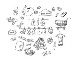 Doodle set with hand drawn elements for Black Friday or another Big Sale. Tray, money, coins wallet, cosmetics, paper pack and related elements isolated on white background for coloring pages vector