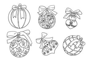 Doodle hand drawn Christmas ornaments set. Different kind of holiday decorated balls with bows isolated on white background. Holiday hand drawn design for Christmas for coloring pages, stickers vector