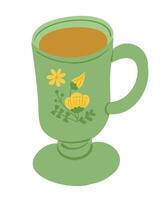 Green tea cup illustration with floral design with warm tea inside and simple botanical elements on the surface vector