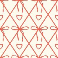 Seamless red bow and hearts pattern with crisscrossing ribbons, creating a delicate and feminine aesthetic, perfect for gift wrap, wallpaper, or textile design, adding soft, romantic touch vector