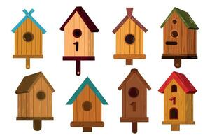 Cute craft houses for birds flat line elements white background. Hand made bird feeders of various shapes .Rustic avian homes with various designs. vector
