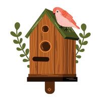 Birdhouse with a bird.Isolated illustration of a birdhouse with a cute bird and budding flowers on a white background, whimsical and inviting, symbolizing spring. vector