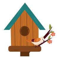 Birdhouse with a bird.Isolated illustration of a birdhouse with a cute bird and budding flowers on a white background, whimsical and inviting, symbolizing spring. vector