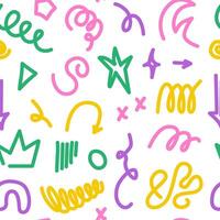 Playful doodle and scribble seamless pattern. 90s retro. Abstract childish figures, squiggles, strokes, lines. Memphis inspired background, banner, wallpaper. Modern graffiti. . vector