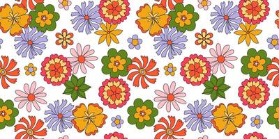 70s groovy vibrant seamless pattern. Retro groovy trippy blossom, psychedelic daisy and chamomile. Flower power. Floral botanical background, wallpaper, digital paper. Good vibes only. . vector
