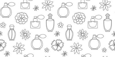 Linear perfume bottles and flowers seamless pattern. Beautiful woman fragrances, essence, toiletry flask. Feminine line art. Outline background, wallpaper, digital paper. . vector