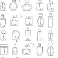 Linear fragrance bottles seamless pattern. Pump perfume bottle. Essence, toiletry flask. Vintage. Line art. Outline background, wallpaper, digital paper. . vector
