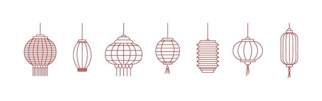 Linear Chinese lanterns icons set. Hanging lamps. Chinese New Year. Chinese spring festival. Background, banner, card. Line art. isolated on white. vector