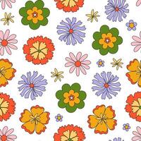 70s groovy hippie floral seamless pattern. Retro psychedelic daisy, chamomile. Flower power. Trippy floral botanical background, wallpaper, digital paper. Good vibes only. . vector