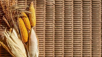 Harvest themed image featuring corn cobs and wheat on a woven mat, symbolizing autumn abundance and Thanksgiving preparation photo