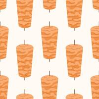 flat Illustration of a Turkish Doner Kebab Meat Stack on a Vertical Spit. Seamless pattern, Perfect for use in culinary designs, menus, and cultural projects. vector