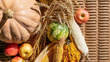 A vibrant autumn harvest arrangement featuring pumpkins, apples, corn, and wheat symbolizing Thanksgiving and the celebration of abundance photo