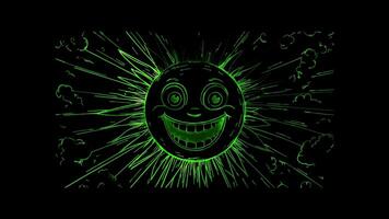 Neon frame effect, cheerful sun with a big smile and rays on black background video