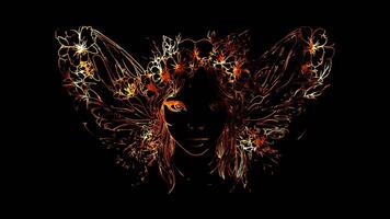 Neon frame effect, magical fairy with glittering wings and flowers on black background video