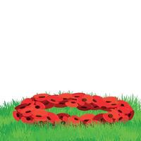 Traditional symbol of ANZAC Day on April 25, 2025. Memory and respect for fallen soldiers. illustration for Poppy Day in the UK. A wreath of paper poppies lies on green grass. Flat style. vector