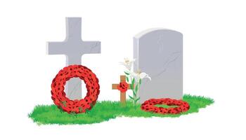 White marble gravestone and cross on green grass, wreath of red poppies. The grave is decorated for ANZAC Day, April 25, 2025. Commemorative date in Australia and New Zealand. in flat style. vector