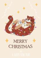 Merry Christmas card with funny plump cat playing with Christmas garland flat illustration. vector
