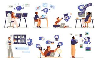 People interacting with artificial intelligence in different spheres concepts set. People using help of AI in programming, business analitics, education, motion design, medicine illustrations vector
