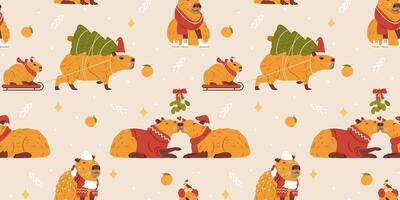 Christmas seamless pattern with funny capybaras in costumes and hats, sweaters and scarfs illustrations. vector