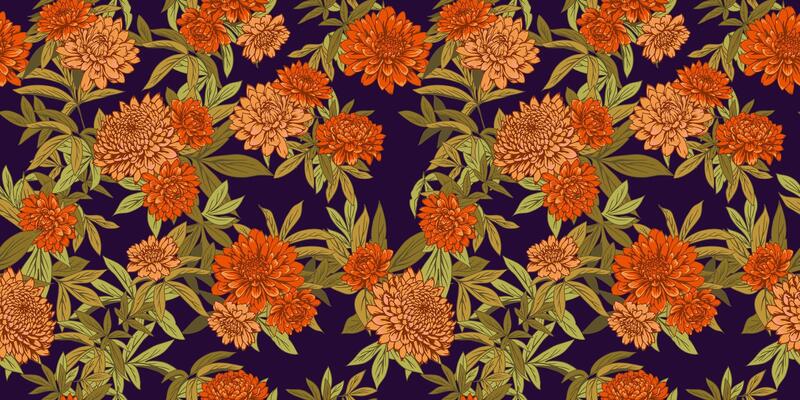 Saturated seamless floral pattern. Abstract artistic flowers and leaf print on dark background. drawn illustration botanical. Nature ornament for designs, wallpaper, fabric, fashion, textiles