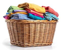 A Wicker Basket with a Stack of Colorful Clothes Isolated. photo