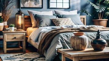 Cozy Modern Bedroom with Stylish Decor and Warm Lighting. A stylish, cozy bedroom with elegant, modern decor and warm lighting. photo