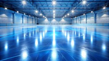Bright Blue Ice Rink Arena with Shiny Reflective Floor. A bright ice rink arena with a blue reflective floor, illuminated by overhead lights. photo