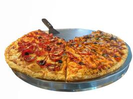 pizza with a half eaten pizza and a half eaten pizza photo