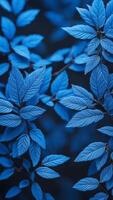 Blue leaves with detailed texture on blur background. Botanical nature scene with vibrant foliage. Close-up macro shot photo