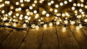 Warm yellow string lights on a wooden surface with blurred bokeh background. Festive illumination. Holiday decoration concept with copy space photo