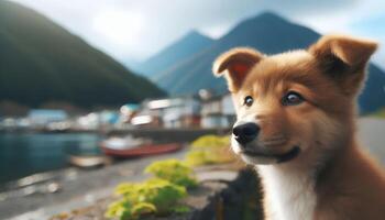 Cute brown puppy at the pier with blurred mountain and village background. Close-up portrait of dog with peaceful scenery with copy space photo