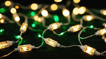 Close-up of green and yellow string lights glowing on a dark surface. Festive lighting decoration for holiday celebration and seasonal design photo