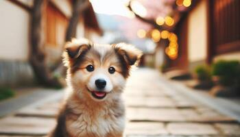 Cute fluffy homeless puppy sitting on a cobblestone street with bokeh lights in the background with copy space. Outdoor pet portrait with warm evening lighting photo