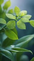 Close-up of green leaves with water droplets on a blurred background in natural light photo