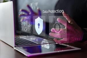 Internet Technology, cyber security digital crime concept. Data protection from hackers. Network security system. Personal Data information on Tablet. photo