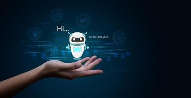 Hand touch Digital chatbot to access information and data in the online network. Robot Applications and Global Connectivity AI. photo