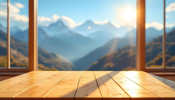 Wooden table in front of a window with mountains in the background photo