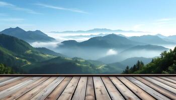 Wooden floor with mountains and fog in the background photo