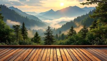 Wooden floor with mountains and trees in the background photo