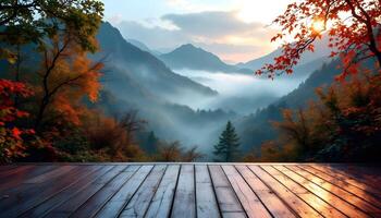 Wooden floor in the forest with fog and mountains photo