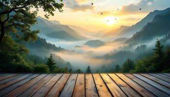 Wooden floor with mountains and fog in the background photo