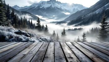 Wooden floor with mountains in the background photo