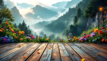 Wooden floor with flowers and mountains in the background photo