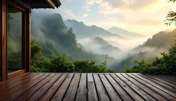 Wooden deck overlooking the mountains with fog photo