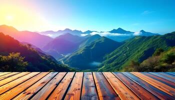 Wooden floor with mountains and sun in the background photo